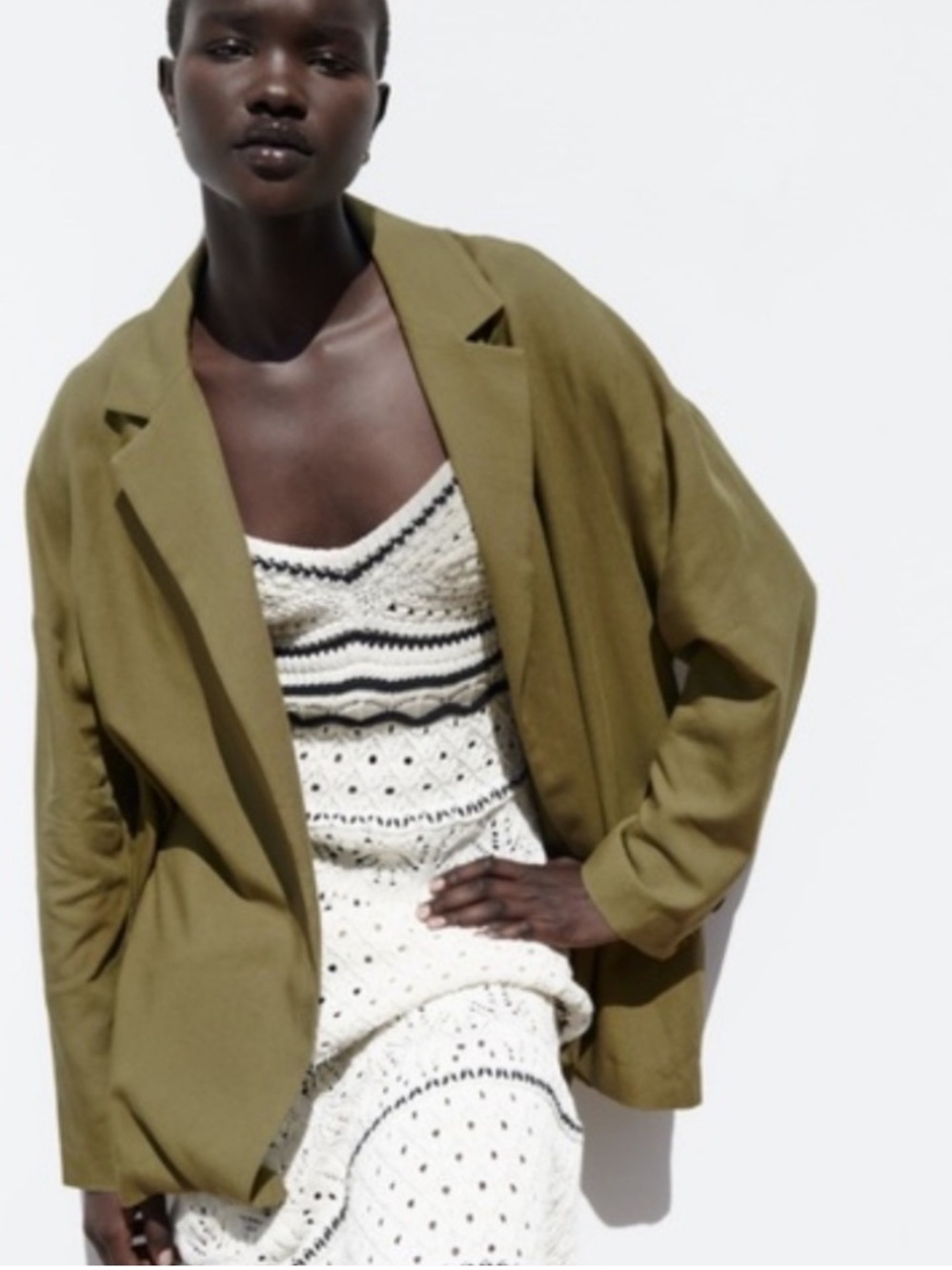 Zara Blazer Jacket Womens Medium Olive Green Linen Blend Relaxed Open Front